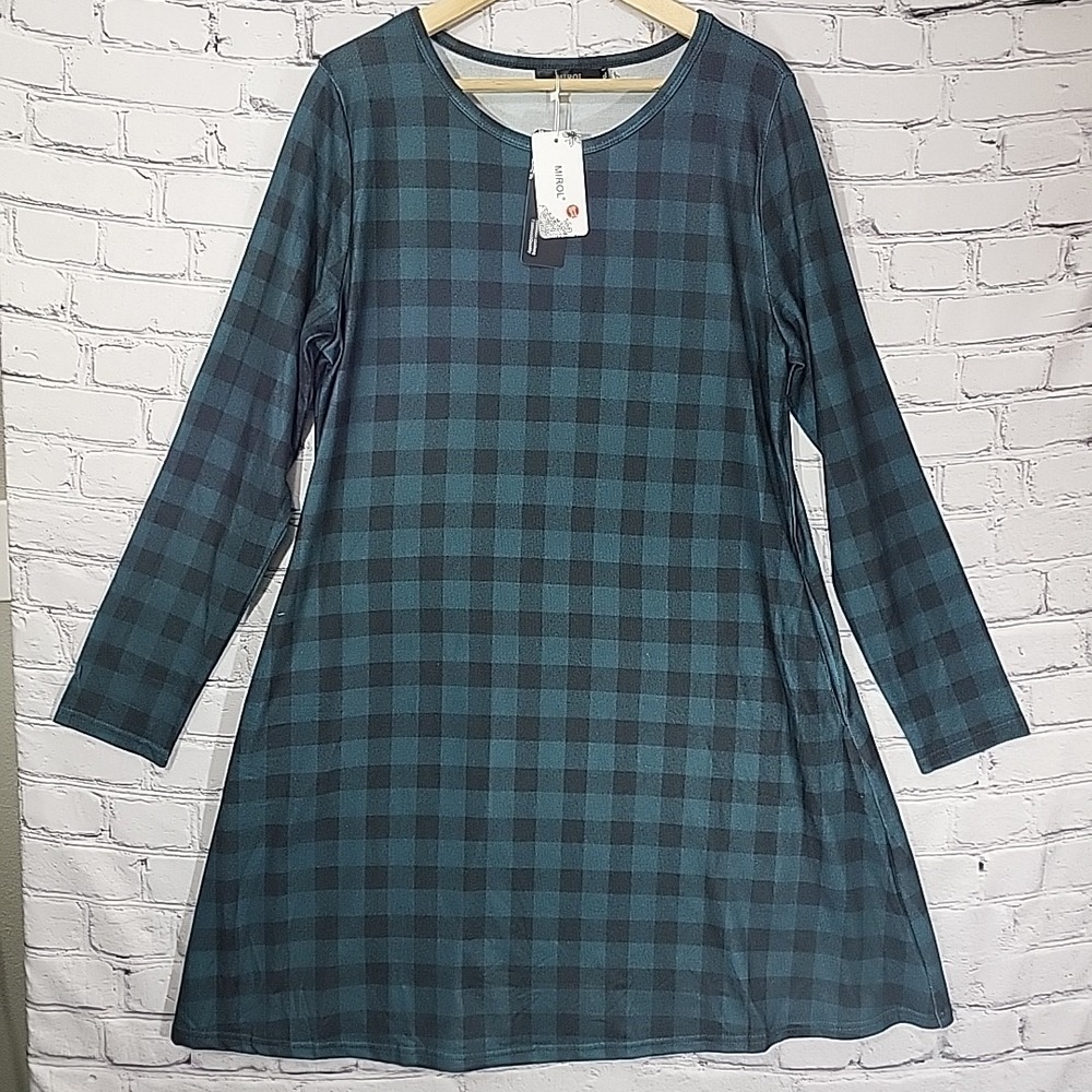 Mirol‎ Swing Dress Womens XL Long Sleeve Green Plaid Tartan With Pockets New NWT